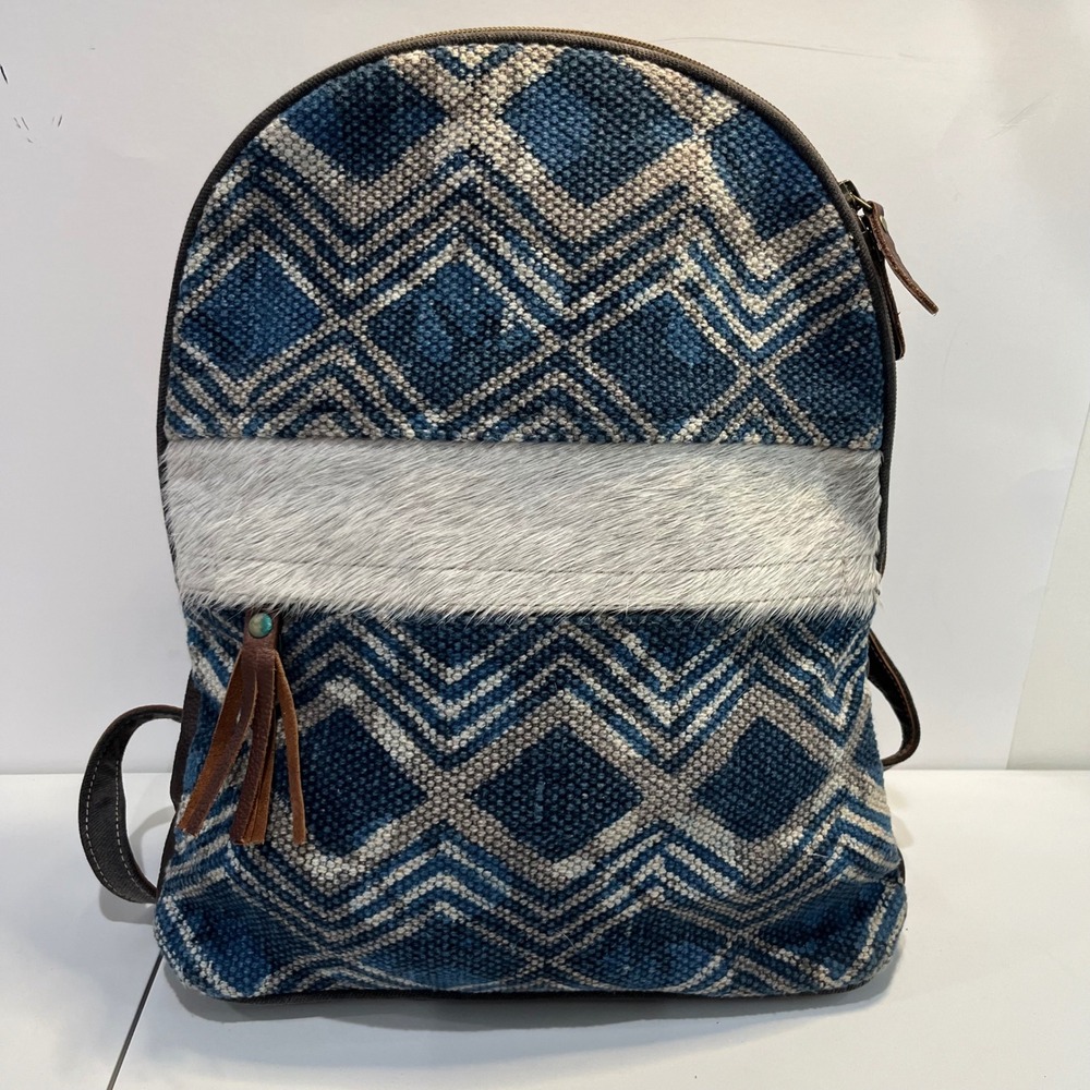 Myra Bag Blue Breeze Upcycled Canvas Cowhide Leather Backpack Purse Hairon
